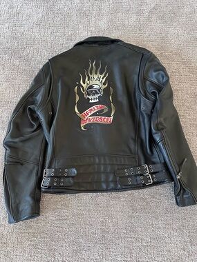 Harley-Davidson Black Leather Jacket with Gold Flame Skull Back Graphic